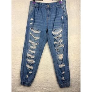 Indigo Rein Ripped Jogger Jeans Women’s 13 Light Wash High Rise Distressed